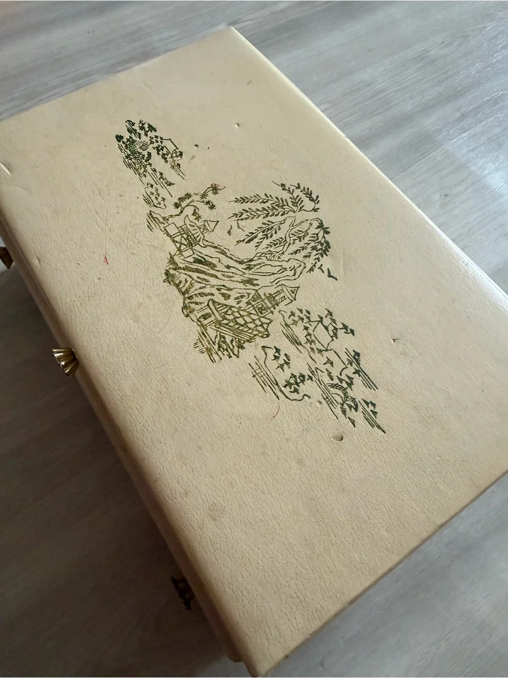 Vintage Mid Century Jewelry Box Faux Leather Ivory Red Lining